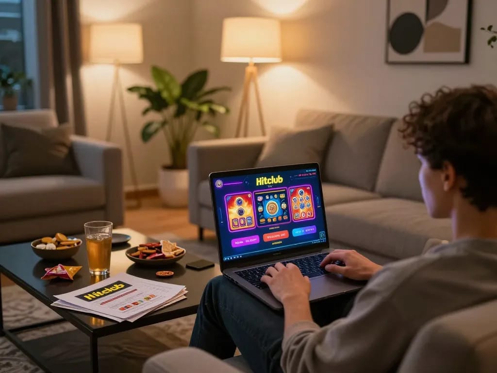 Engaging in online gaming with Hitclub on a stylish laptop at home, showcasing vibrant casino graphics.