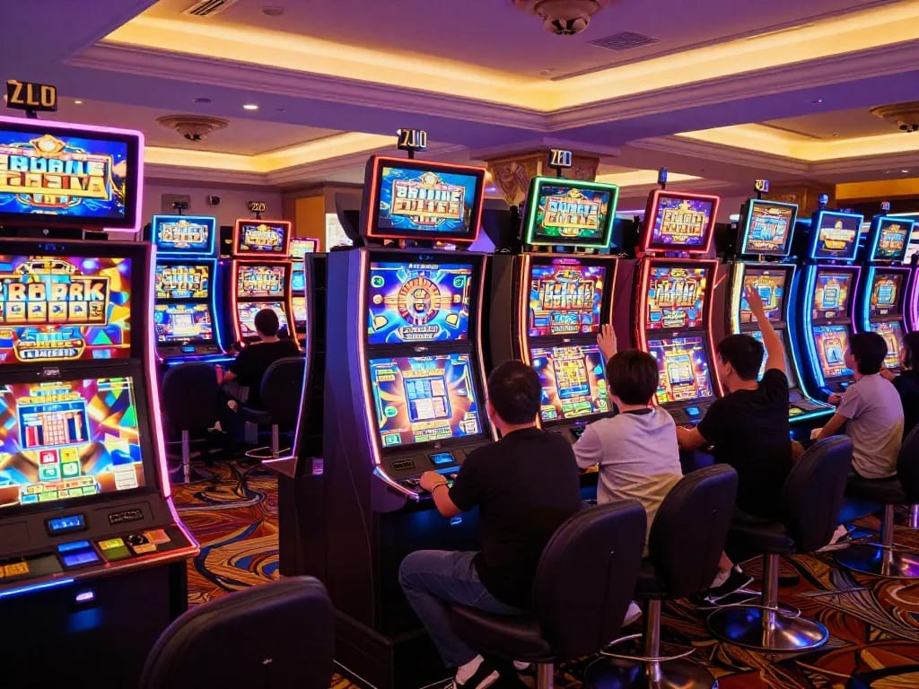 Players celebrating wins on exciting slot pulsa machines in a vibrant casino environment