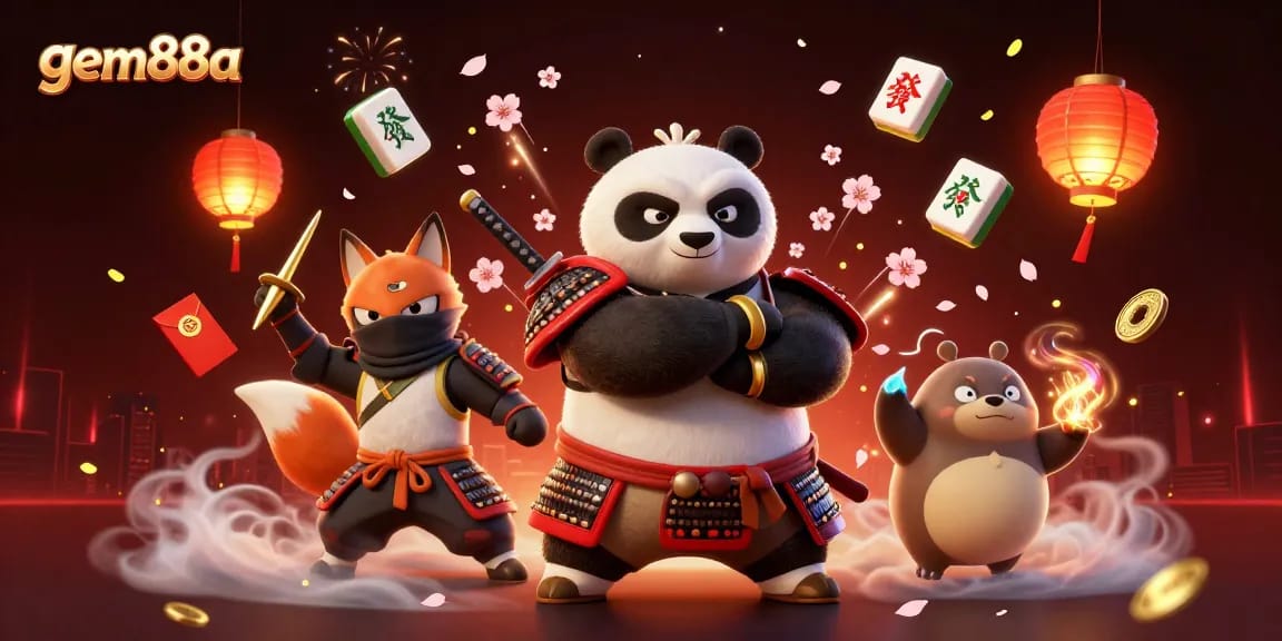 Engage with gem88a's vibrant casino scene featuring a samurai panda, ninja fox, and magical tanuki.