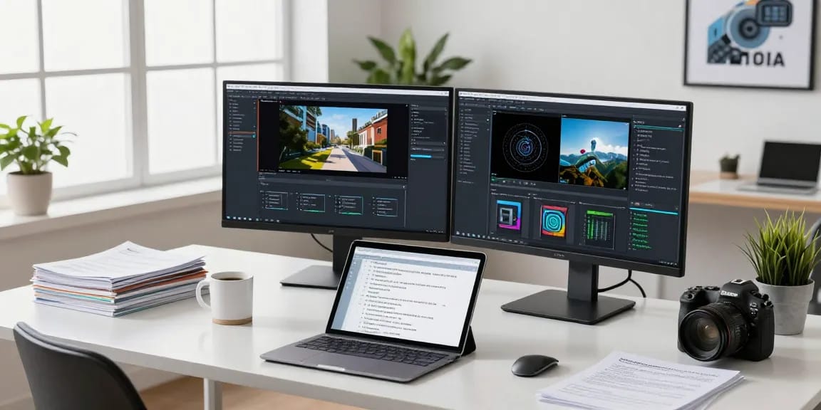 AI detector in use by a data scientist analyzing images on dual monitors in an innovative workspace.