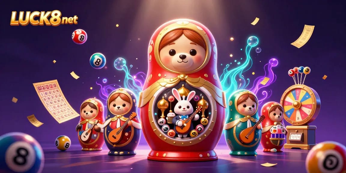 Engage with LUCK8 net in a vibrant casino-themed illustration featuring dynamic elements and playful characters.