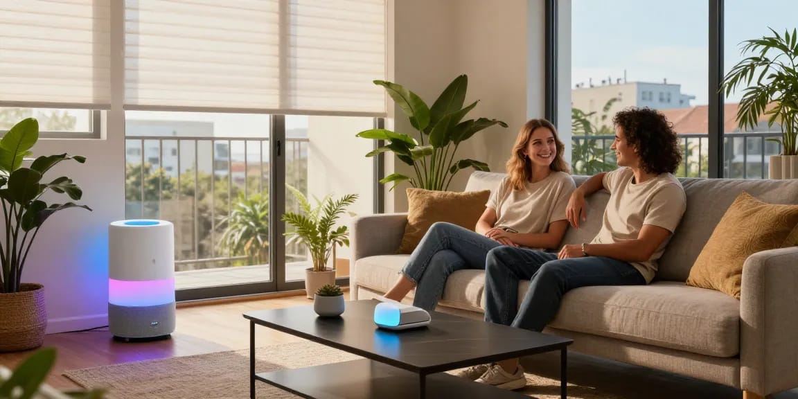 Cozy living room with IKEA smart home products, couple interacting with smart speaker, and LED lights.