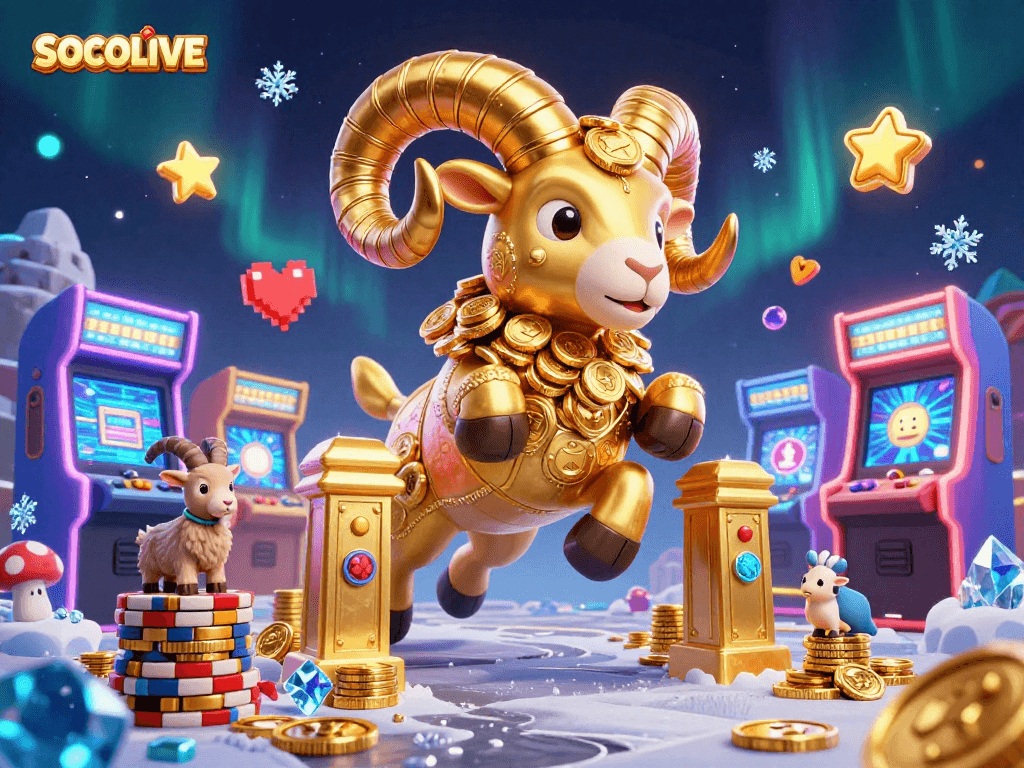Watch the SOCOLIVE ram charging through gold, bringing arcade gaming to life in this vibrant casino scene.