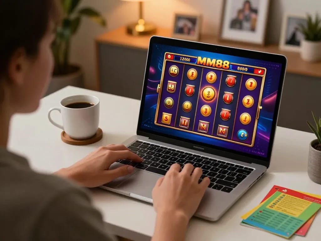 Player enjoying online slot games at MM88 while sipping coffee in a cozy home environment