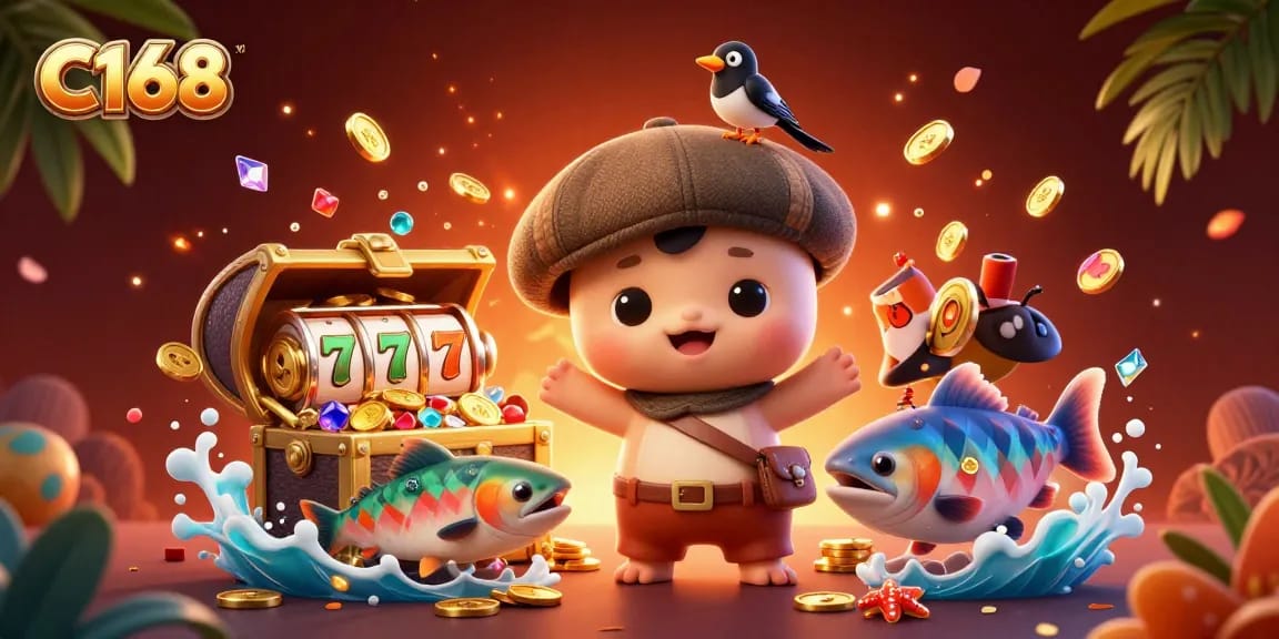 C168 unleashes winning potential with a vibrant illustration of a playful baby Nessie, a gold-loving magpie, and tartan salmon amidst slots and treasures.