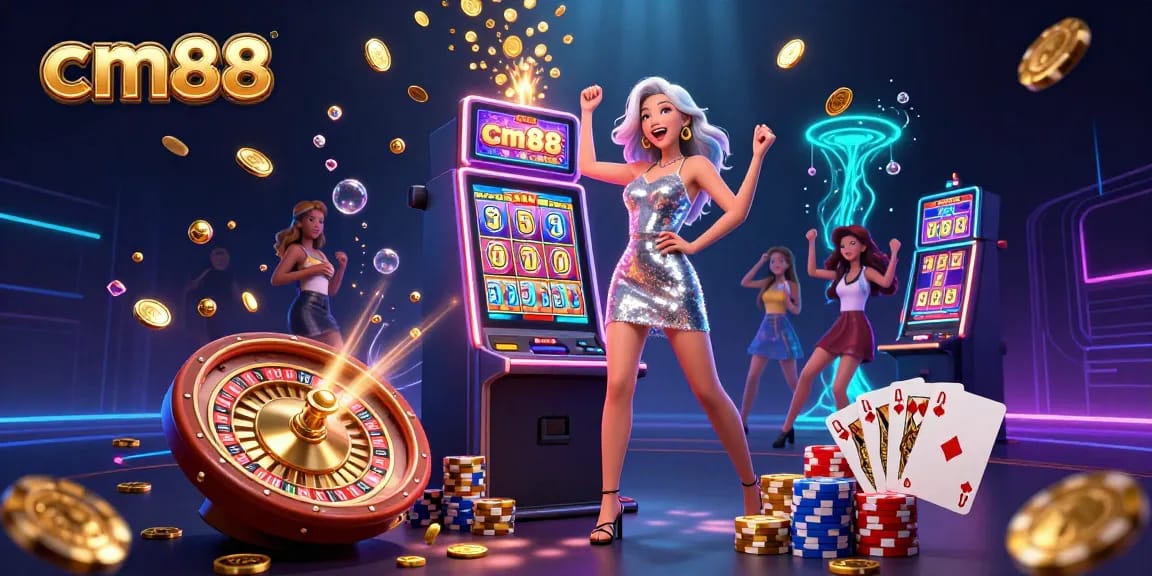 Win big at cm88 with vibrant casino elements and exciting jackpots surrounding a joyful player.