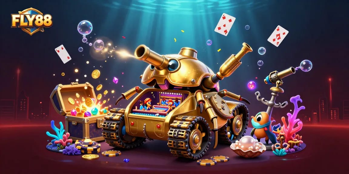 FLY88 reveals a miniature casino inside a golden beetle tank, showcasing dynamic gaming elements.