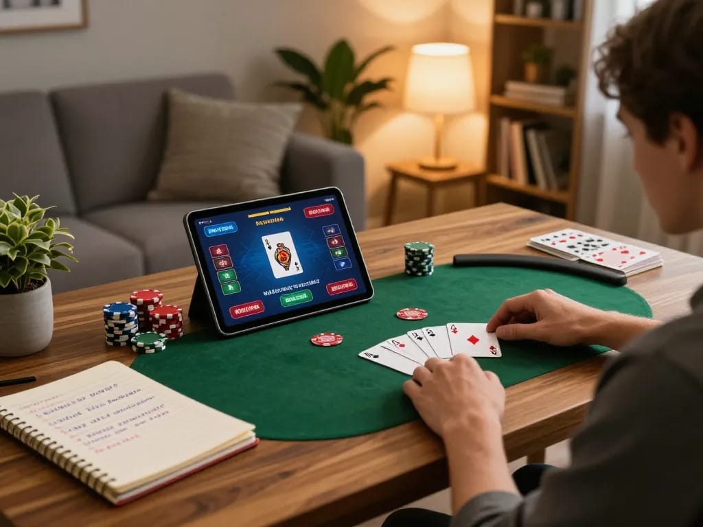Engaged user playing poker on qq8827 tablet in cozy home setting with strategic notes.
