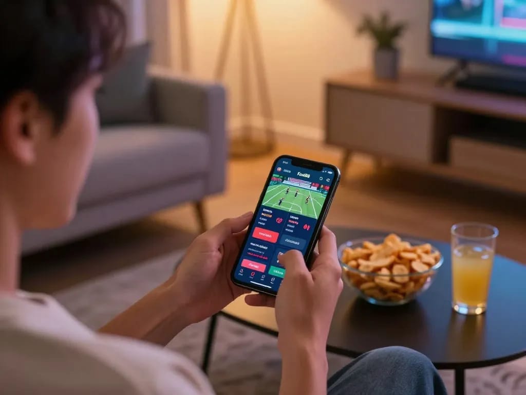 Fun88 app showing live sports betting on smartphone in cozy home setting