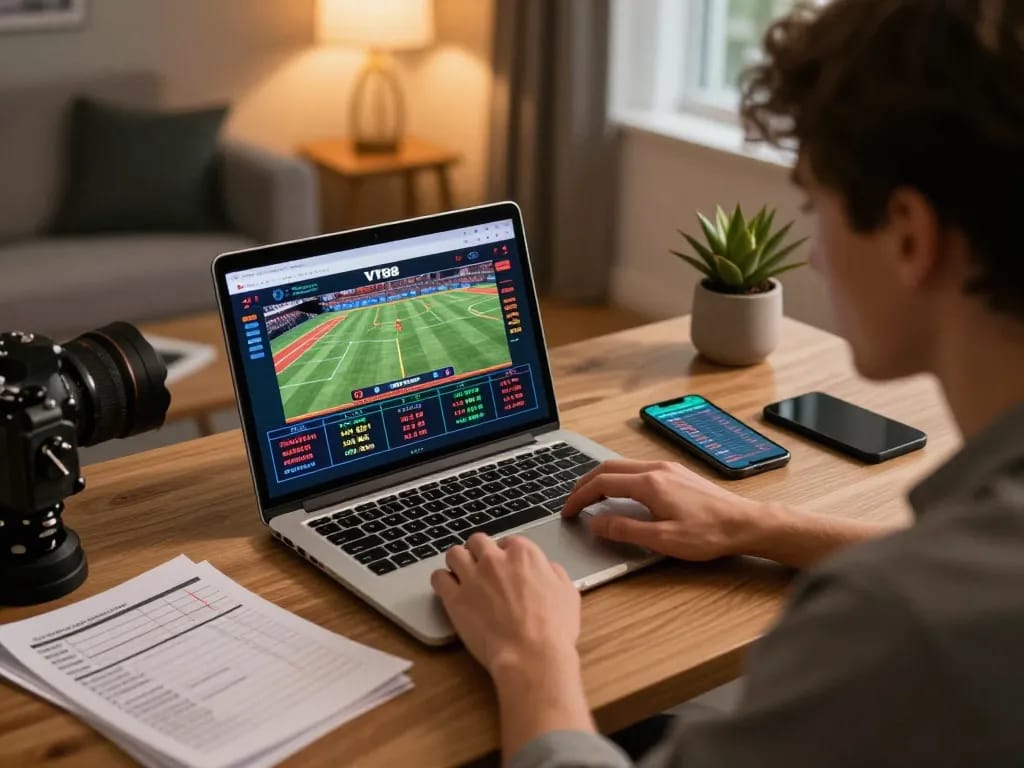 Engaging with VT88 online betting interface during a live sports event, showcasing strategic betting.