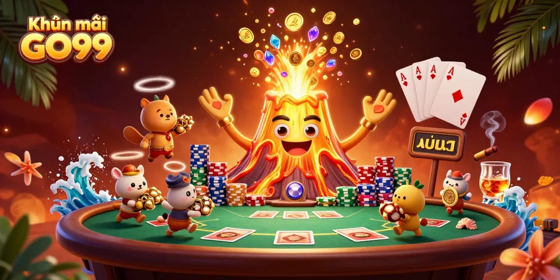 Experience Khuyến mãi GO99 with a vibrant 3D scene featuring a golden volcano and poker elements.