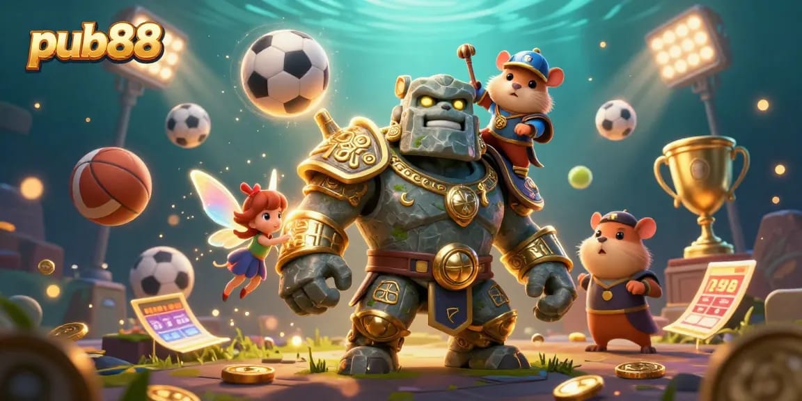 Experience winning with pub88's dynamic gaming action featuring a magical golem and a brave knight.