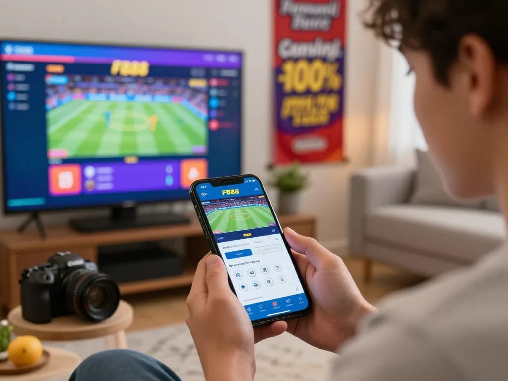 Engaging scene of a player utilizing link vào fb88 on mobile for seamless betting experience.