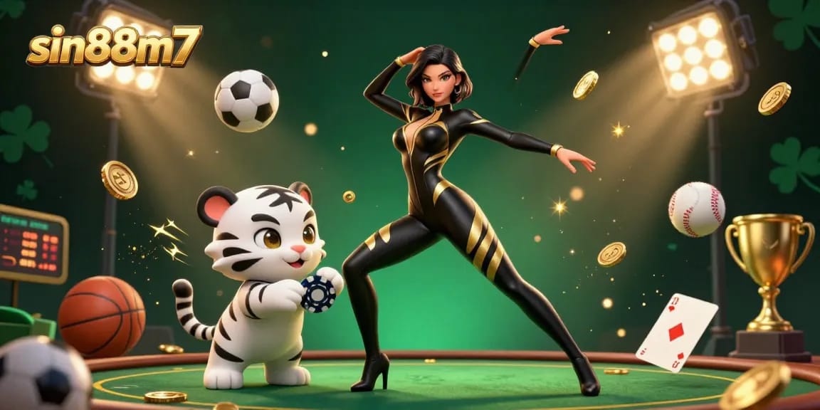 Experience exciting gameplay at sin88m7 with a stunning gaming scene featuring a talented acrobat and a playful tiger.