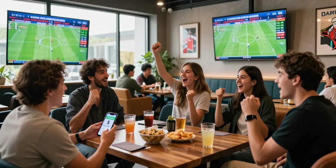 Exciting atmosphere of sports betting showcasing tỷ lệ kèo nhà cái 5 in a lively lounge with friends cheering
