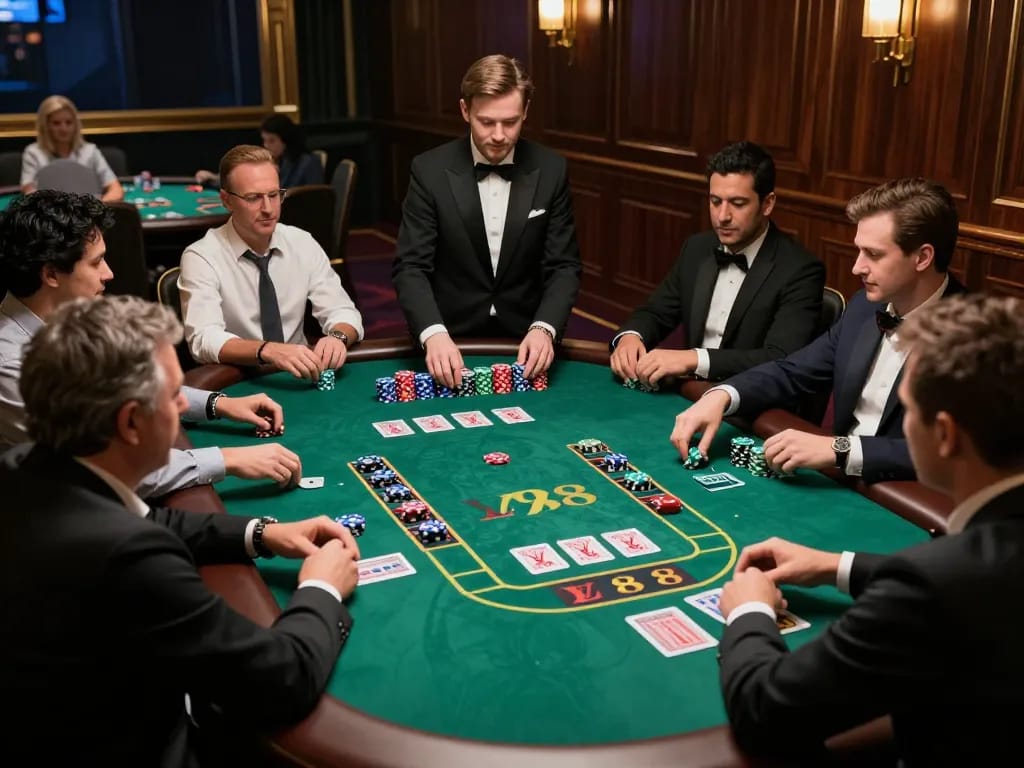 Players at LV88 blackjack table engaged in thrilling gameplay with luxurious atmosphere