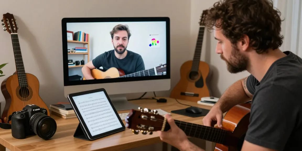 Instructor and student engaged in Zoom guitar lessons, showcasing personalized online music education.