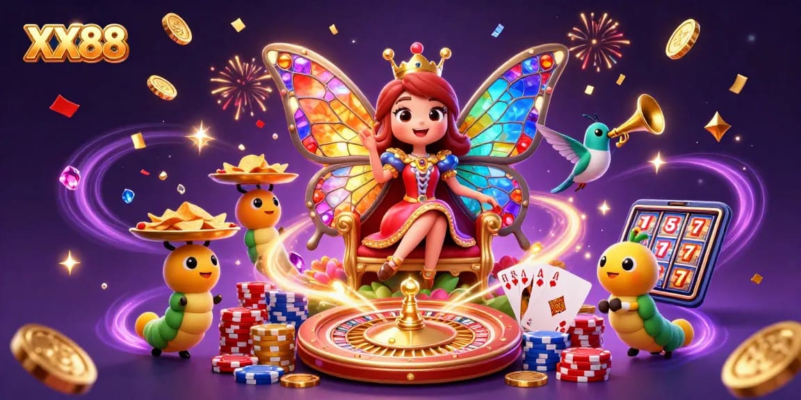 Engage in the thrilling world of XX88, where winning chips and cascading coins create a vibrant casino atmosphere.