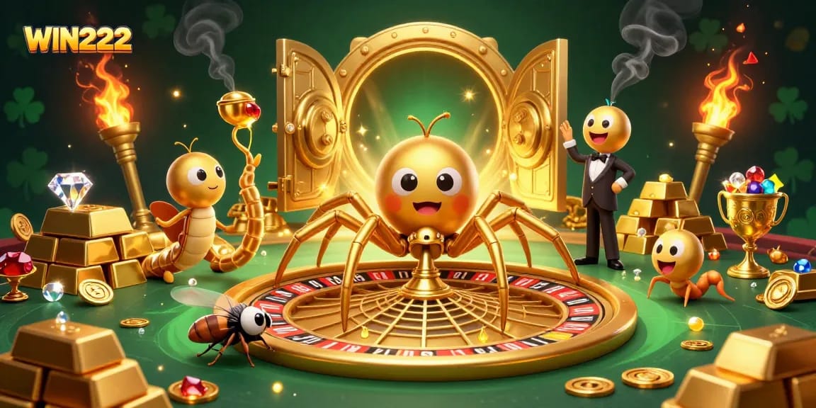 Engage with WIN222's top-tier casino experience featuring a dynamic roulette wheel and vibrant gold elements.