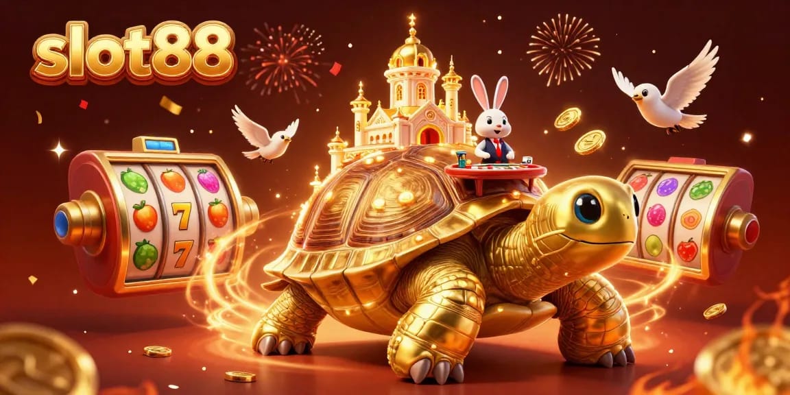 Mengalami keseruan bermain slot88 dengan simbol buah, jackpot berkilau, dan dealer kelinci dalam suasana meriah.