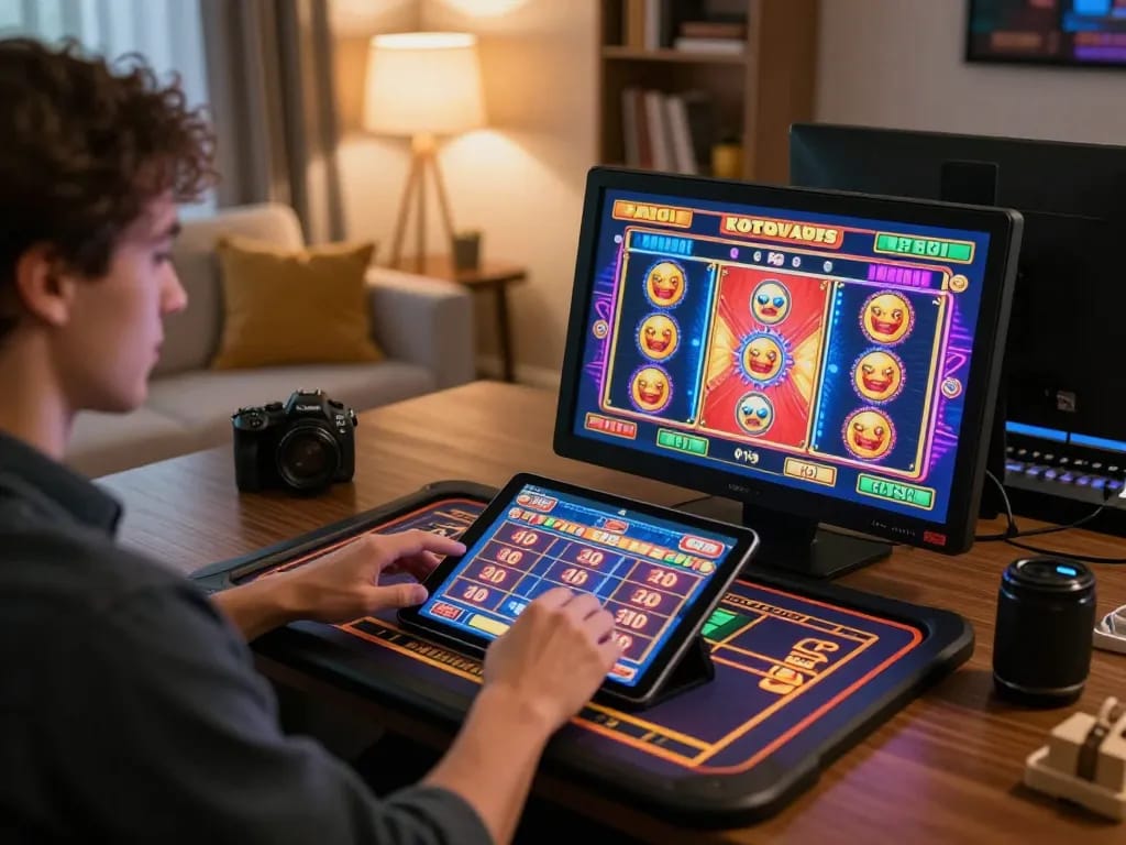 Engaged player enjoying LC 88 slots on tablet in a cozy home setting