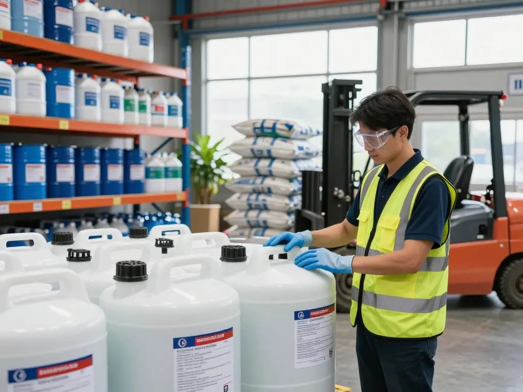 Chemical supplier inspecting labeled containers in a bright industrial warehouse.