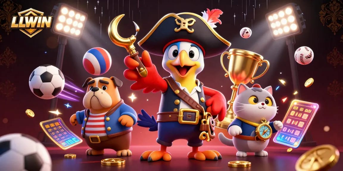 LLWIN pirates celebrate victory with gold coins and sports balls in a casino adventure.