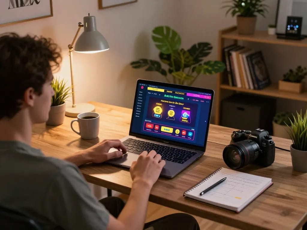 Player enjoying the ee88go online casino experience at home with a laptop and coffee.