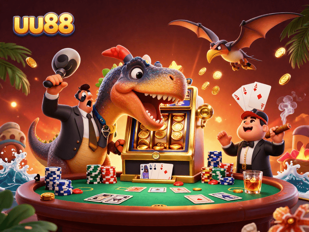 uu88 players delight as a dinosaur hits a golden slot machine for jackpot coins
