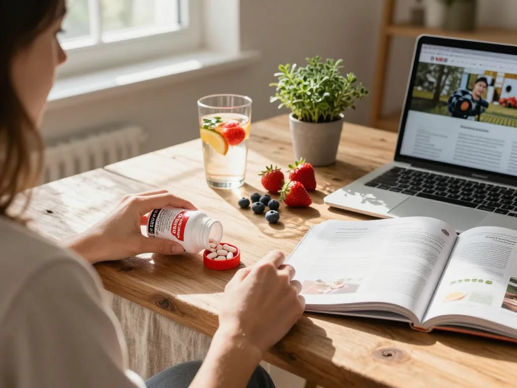 Xuno Mega Strawberry tablets showcased in a vibrant wellness setting with fresh fruits and morning light.