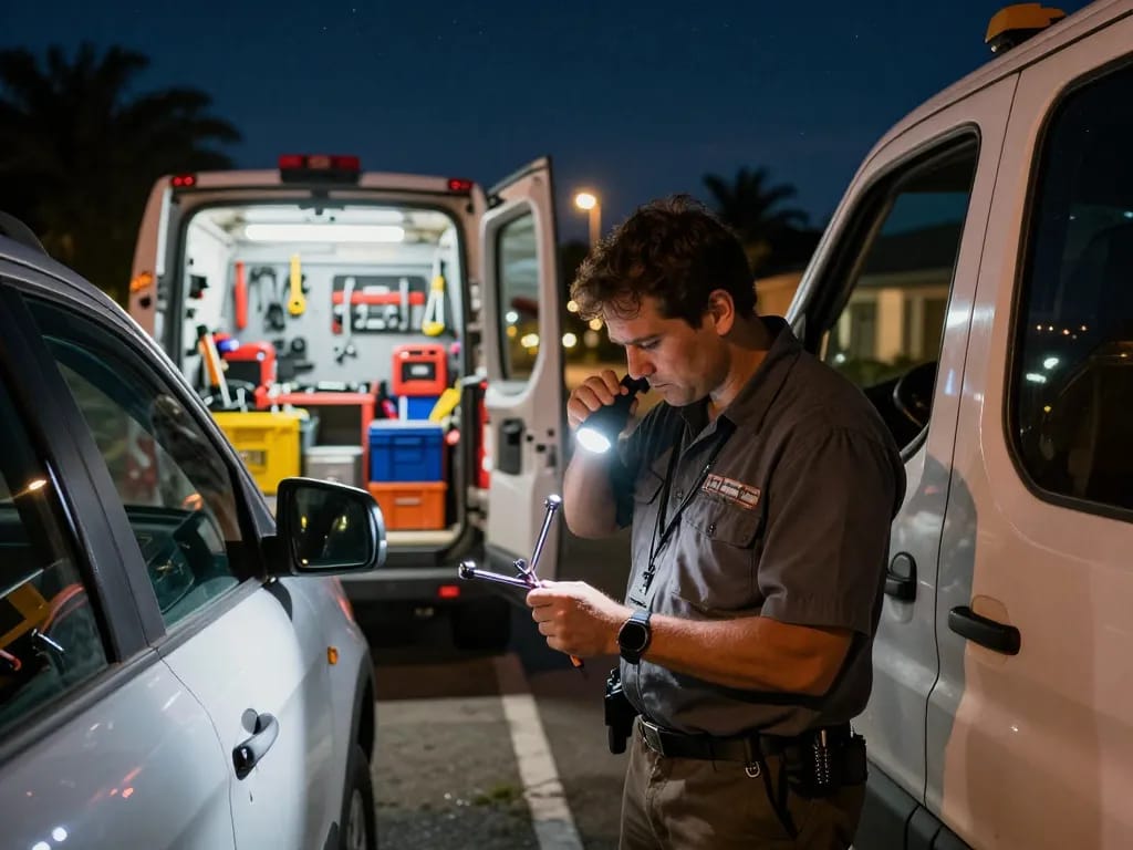 Mobile locksmith Stuart working on a car door lock at night with professional tools.