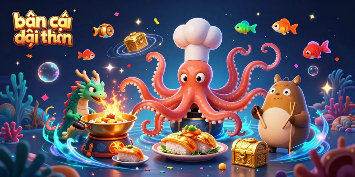 Experience bắn cá đổi thưởng with a vibrant underwater adventure featuring a sushi chef octopus, dragon, and action-packed elements.