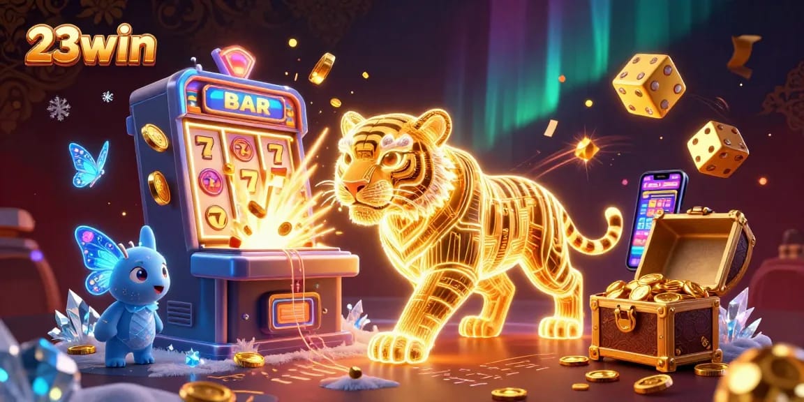 Experience the thrill of 23win with a vibrant casino scene featuring a golden tiger and exciting game elements.