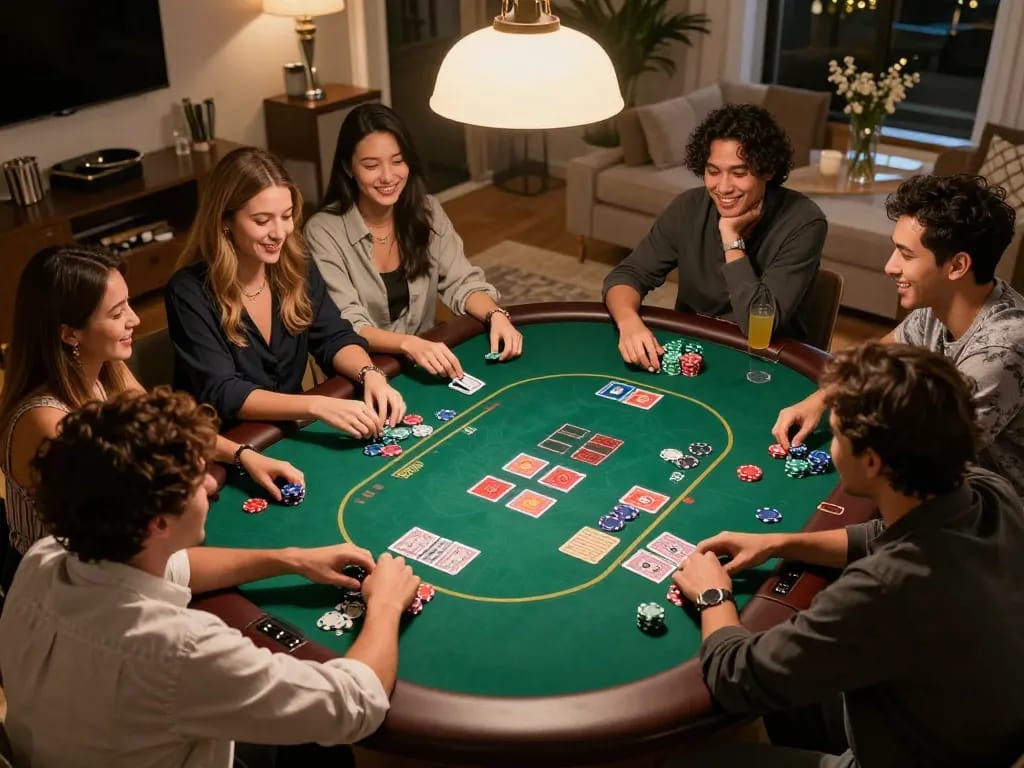 Experience the joy of home poker night with GG88 vip, friends engaged in lively gameplay and strategy.