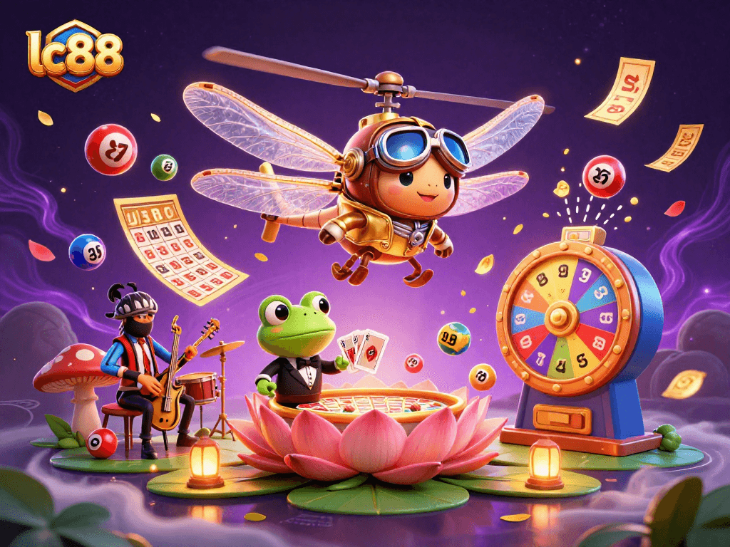 Engage with lc88's vibrant casino thrills featuring a lively dragonfly pilot, frog croupier, and music-playing crickets.