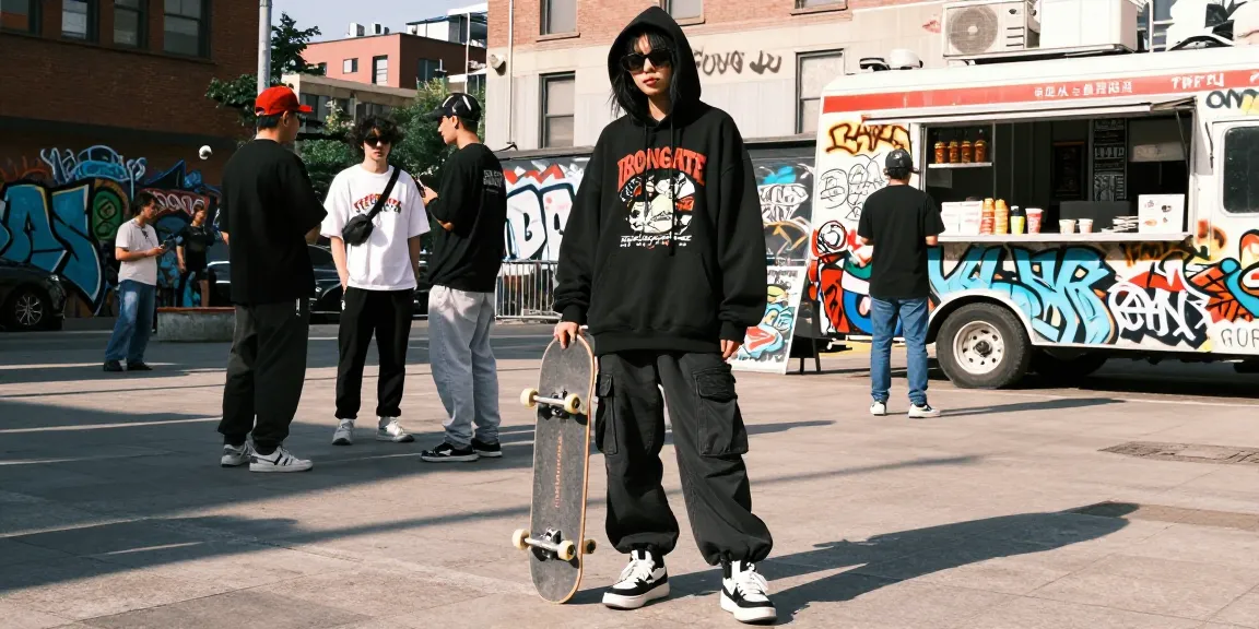 Modello che presenta lo streetwear di Trapstar in un vivace ambiente urbano, enfatizzando stile e cultura su Trapstaritaly.com.co.