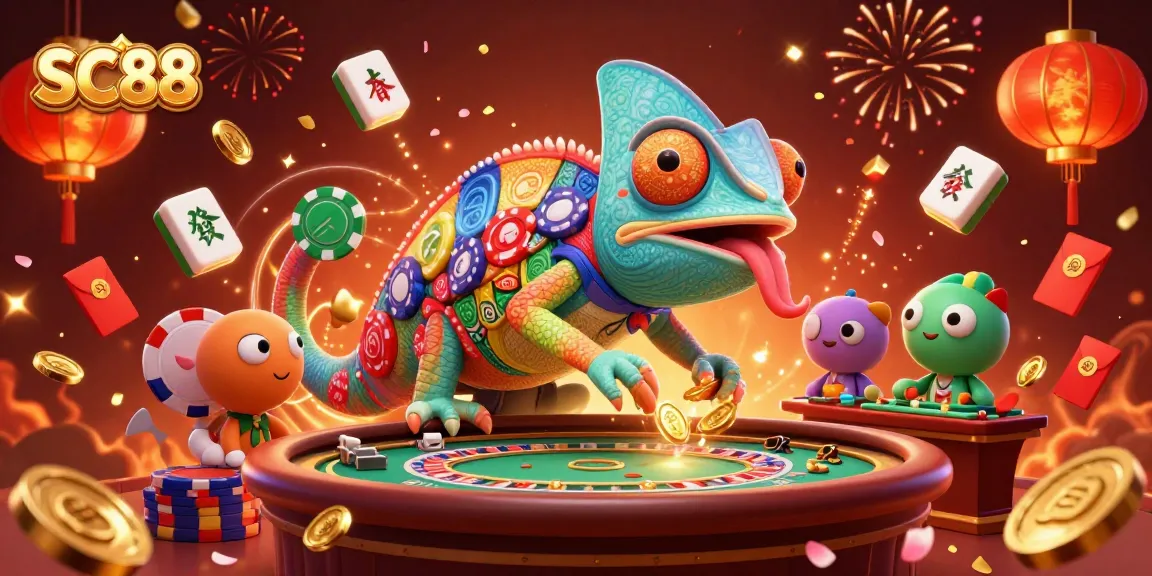 Experience the excitement of SC88 as the chameleon casino owner collects golden coins amidst vibrant decorations.
