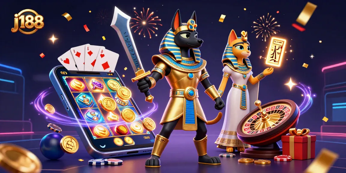 Engage in thrilling gameplay with j188 featuring Anubis and Bastet in a vibrant casino scene.