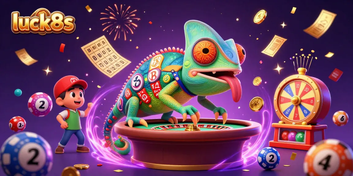 Experience vibrant gaming action at luck8s with a 3D chameleon casino owner amidst lively casino elements.