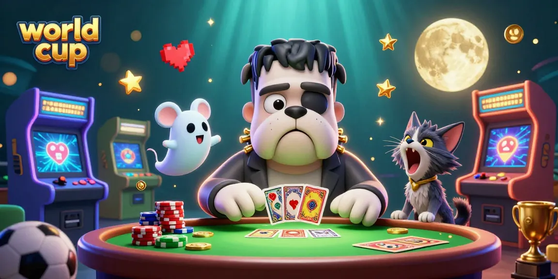 Experience thrilling world cup betting with cartoon characters dealing cards amidst vibrant gambling elements