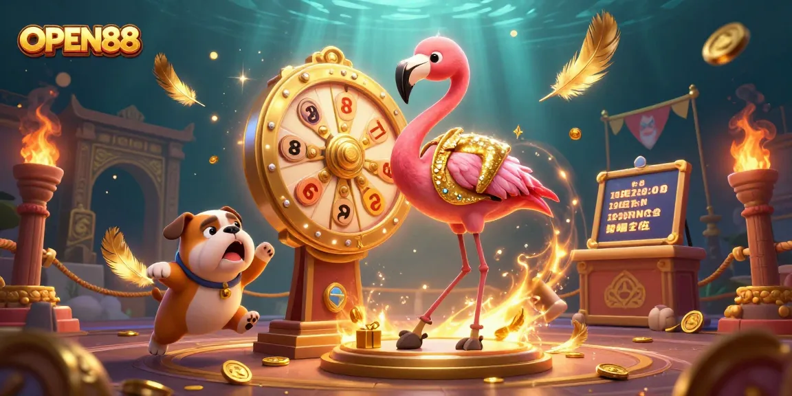 Spin the giant prize wheel at OPEN88 with exciting prizes in a vibrant casino scene.