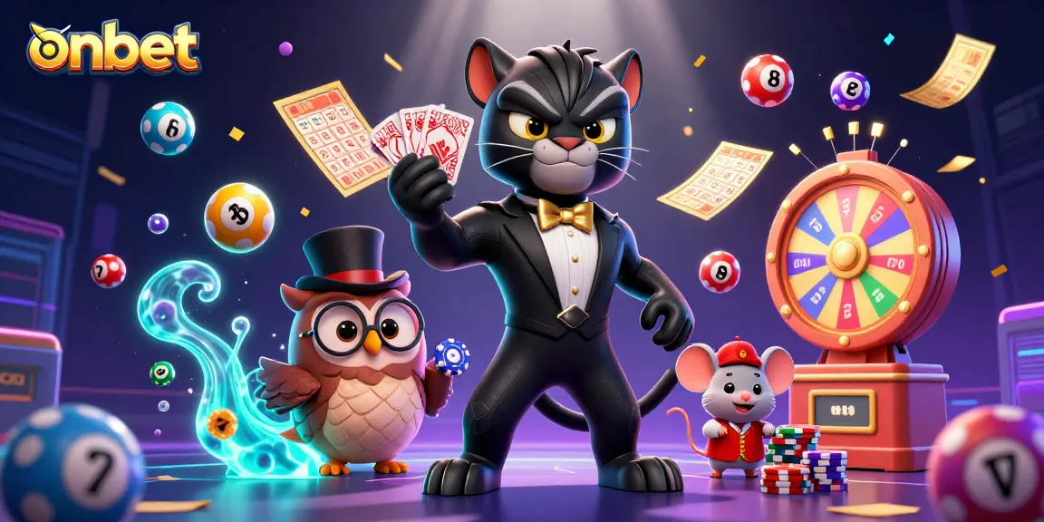 Engage with onbet's casino experience, featuring dynamic characters and vibrant gambling elements.