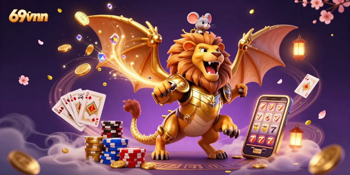 Experience thrilling gameplay at 69vnn with a majestic chimera, golden coins, and exciting casino elements.