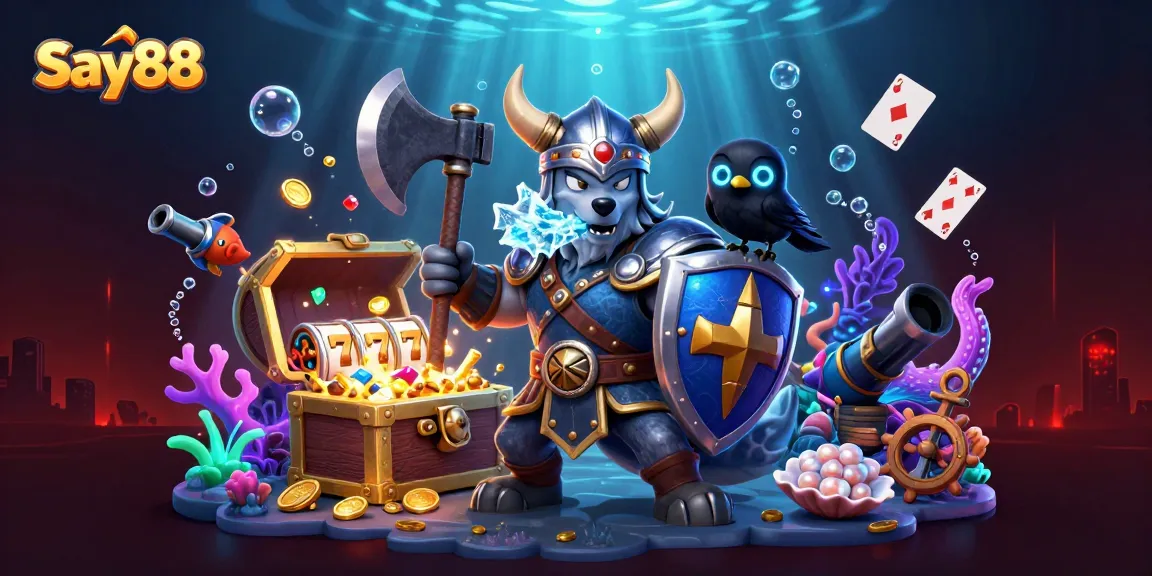 Engage in thrilling gameplay at Say88, featuring a Viking warrior and dragon amid slot reels and treasures.