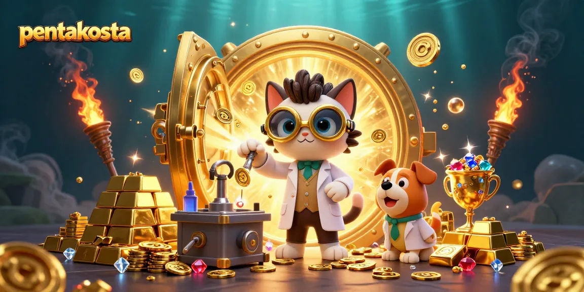 Pentakosta elevates gameplay with a mad scientist cat and loyal dog in a vibrant casino lab scene.