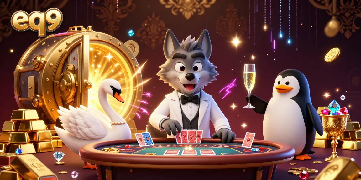 Experience the thrill at eq9 as a debonair wolf plays cards at a baccarat table with jewels and treasure gleaming around.