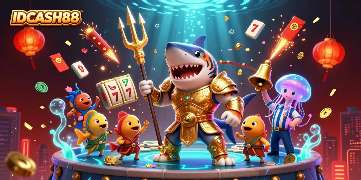 Engage with IDCASH88's thrilling online casino experience featuring a playful tiger shark in a dynamic gaming scene.