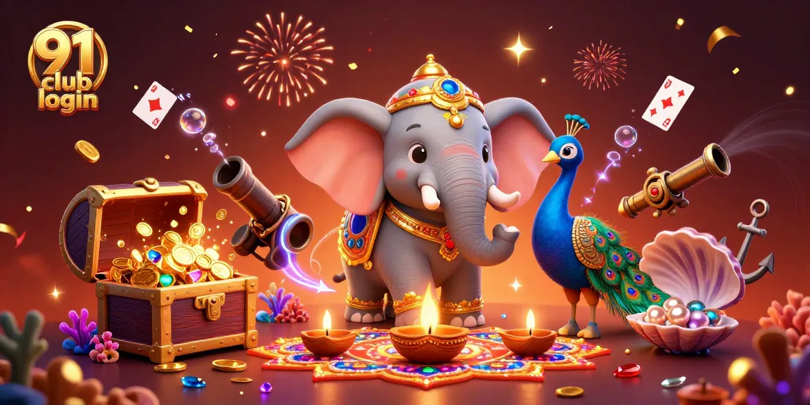 Experience the thrill of 91 club login with vibrant casino-themed 3D artwork showcasing festive elements and game features.