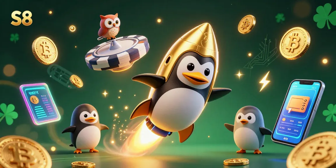 S8 engages players with exciting games and crypto elements in a vibrant casino-themed scene.