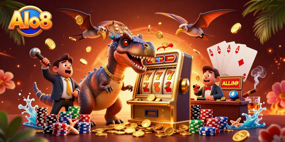 Alo8 gameplay scene with cartoon dinosaurs and a golden slot machine winning coins, engaging in exciting casino action.